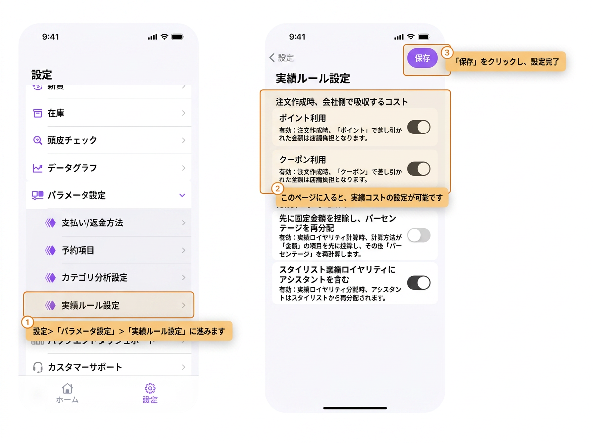【BOSS】伝票作成時にポイントや割引クーポンを使用した場合、業績計算時に会社が吸収するコストをどのように設定すればよいですか？