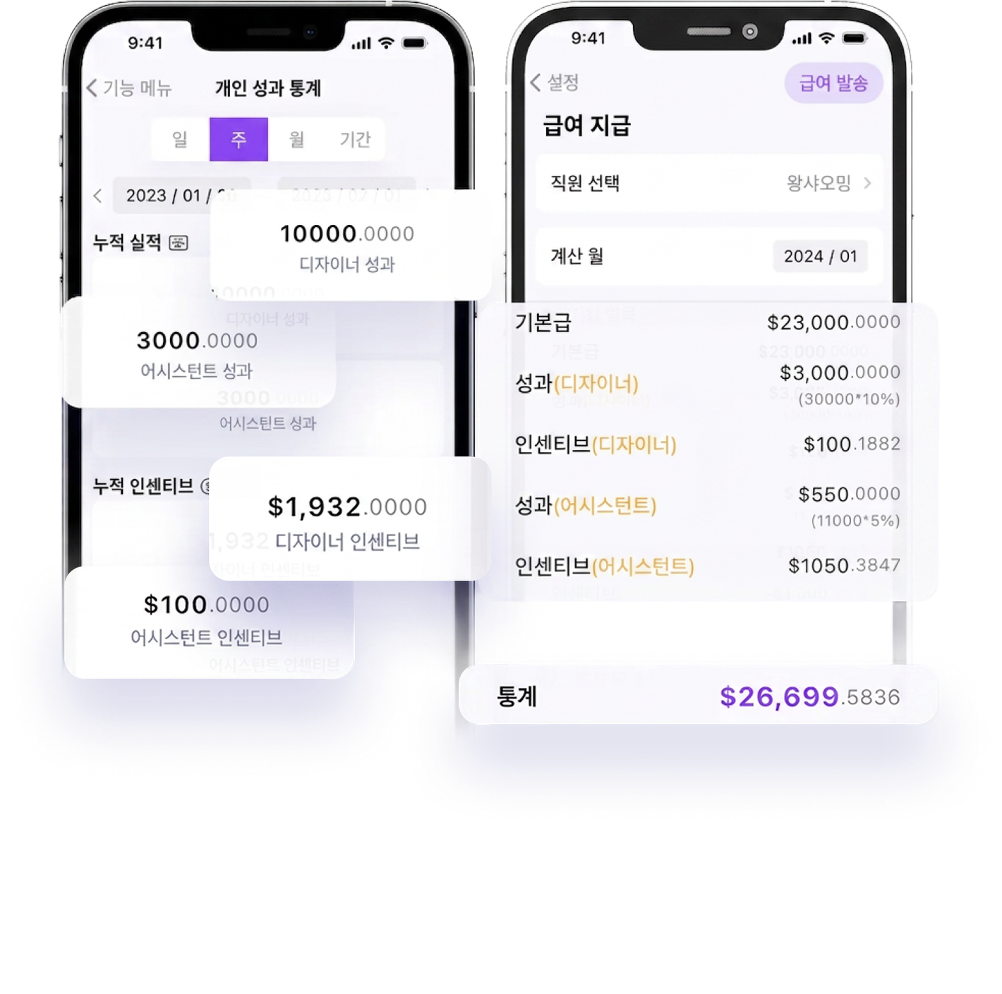 eHairPOS 미용실 POS 시스템|실적과 급여|정확하고 공정한 보상 체계 eHairPOS 미용실 POS 시스템 — 실적과 급여|앱 실제 화면:정확하고 공정한 보상 체계