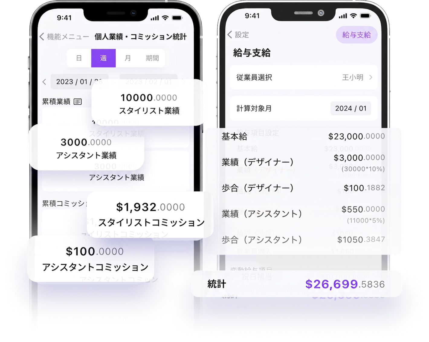 eHairPOS 美容室 POS システム|業績と給与|公平で正確なインセンティブ設計 eHairPOS 美容室 POS システム — 業績と給与|アプリ操作画面:公平で正確なインセンティブ設計